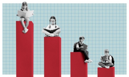 Class time roulette_Kids receive up to two years more school depending on where they live: bar graph of children sitting on top of bars going down from left to right