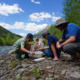 Rural school districts join forces: Three teens and a male adult sit on rocks of river shore gathering ecosystem samples