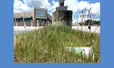 Grass growing around empty parking lot around closed large building.