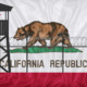 Juvenile justice reform: California state flag with brown bear on white field and thick red bottom border overlaid with black security tower and barb wire-topped fence.