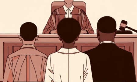 Juvenile Court defenders: Illustration in tans and browns of female judge seated in courtroom facing black attorney and clients both standing facing the judge