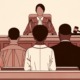 Juvenile Court defenders: Illustration in tans and browns of female judge seated in courtroom facing black attorney and clients both standing facing the judge