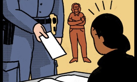 Police Ticketing Students Civil Rights case: Illustration close-up of policeperson in uniform standing in front of student sitting at desk while handing student a ticket