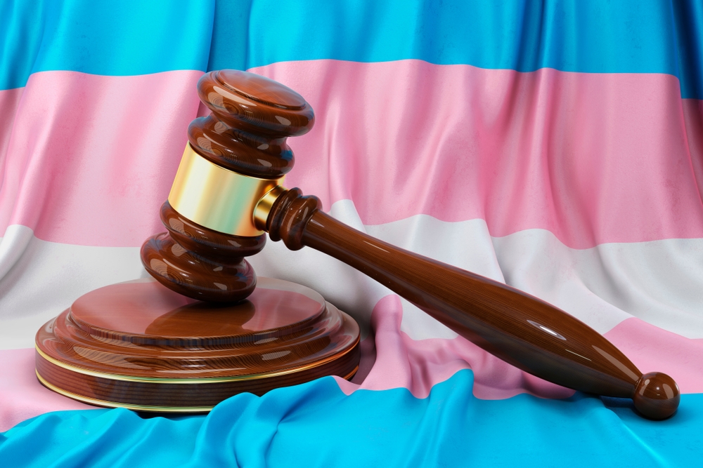 Anti-trans laws, Transgender locker room ruling: Transgender flag with white, pale blue and pale pink stripes sits behind a brown wood courtroom judge's gavel