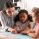 K-3-literacy-scores: Two young girls sit at desk with teacher reading a book.