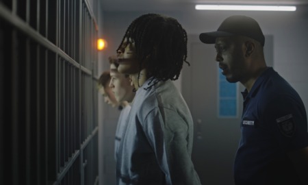 Teens Adult prisons: Thre teen males in a dimly lit jail cell, stand in a row facing jail cell bars with uniformed guard standing behind them