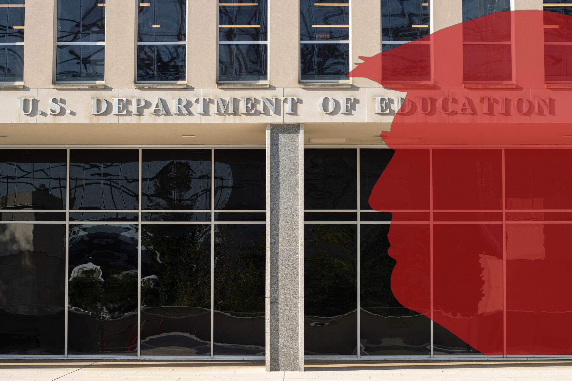 Closing DOE: Front of federal Dept of education builng with red profile silhoette of Trump's face overlaid on left side