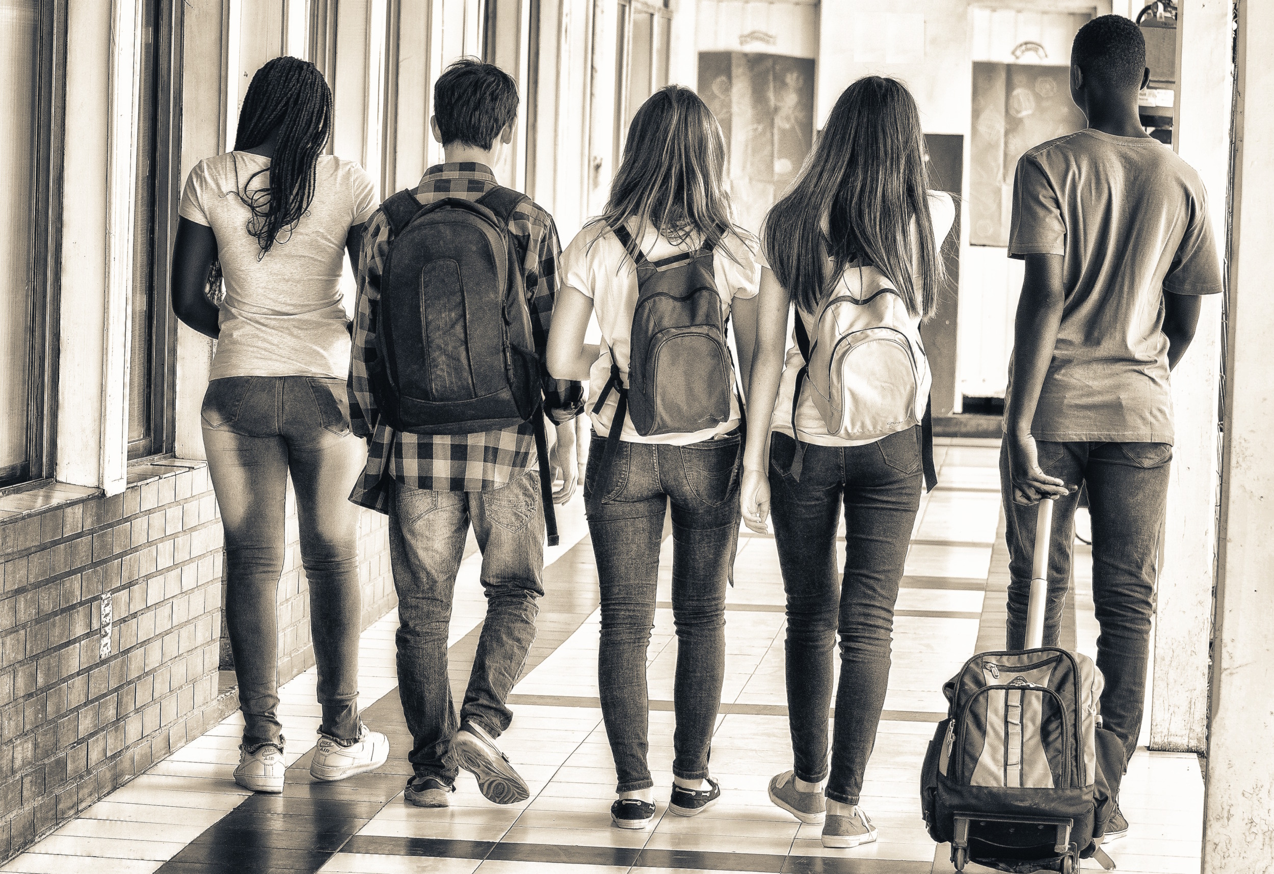 school segregation levels: Back view of teens with school backpacks walking away from camera in a school hallway