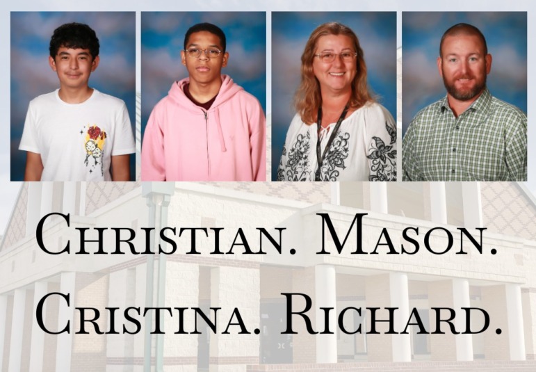 Mass shootings: Row of four headshots of two dark-haired male teens, one long-haired, blonde female adult and one redhead male adult with a full beard. The first names CHRISTIAN, MASON, CRISTINA AND RICHARD are in large black text all caps beneath the headshots.