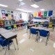 Absenteeism: Wide angle view of empty elementary school classroom with interactive whiteboard no people and lights turned on.