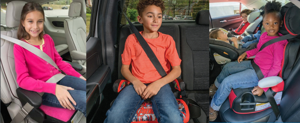 report child booster seat safety: Three young elementary-age, 2 girls and 1 boy, of different heights and ages, sit in 3 different types of car booster seats strapped in using the car seat belts over both the child and the booster seat.