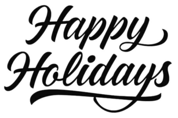 happy Holidays in script in black on white